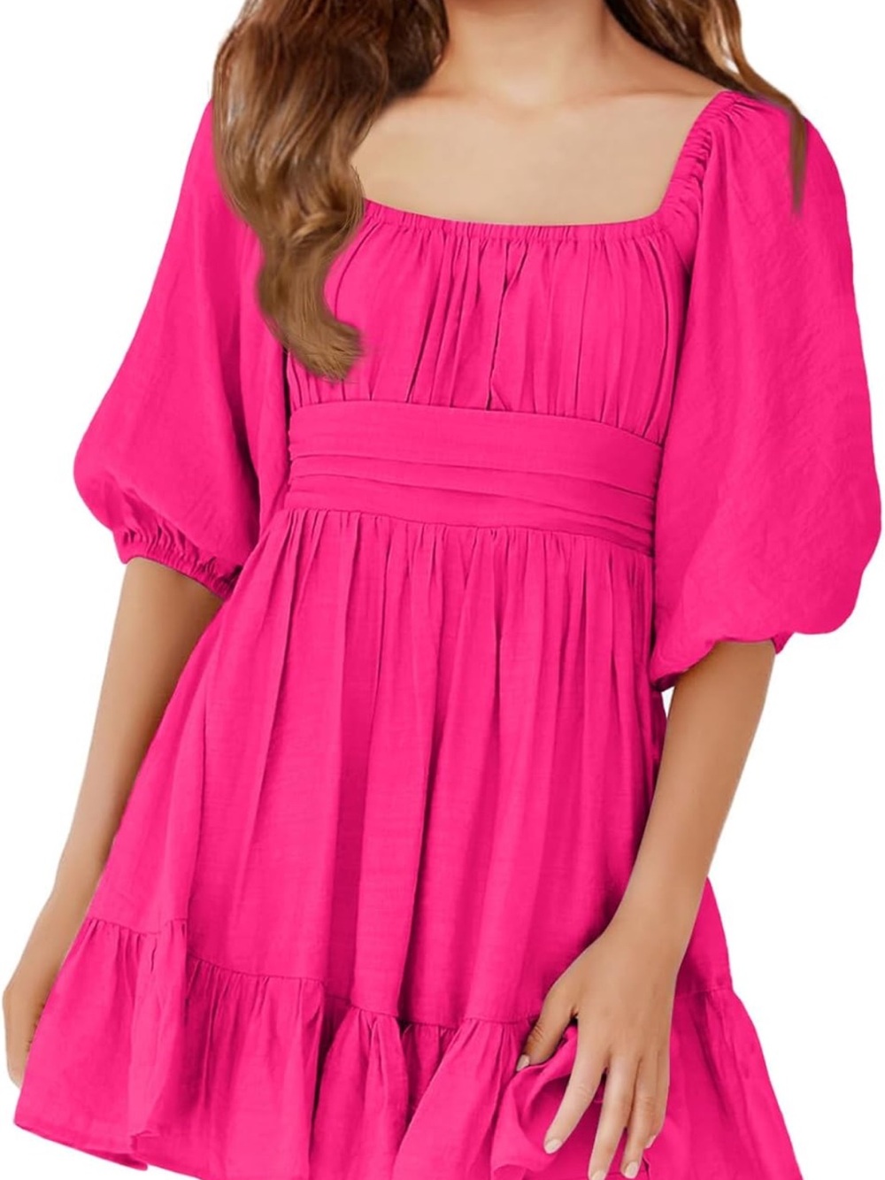 Girls' Bright Pink Square Neck Puff Sleeve Dress